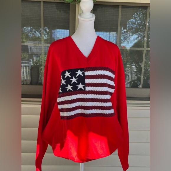Bonitee Sweaters - BONITEE Red American Flag Sweater V-Neck Long Sleeve Knit Pullover – Size XL